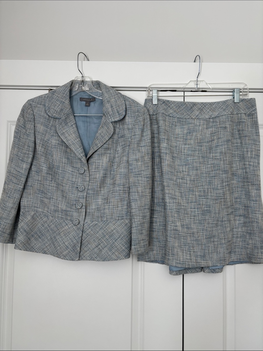 Ann Taylor Classic Two-Piece Light Blue Tweed Jacket & Skirt Set